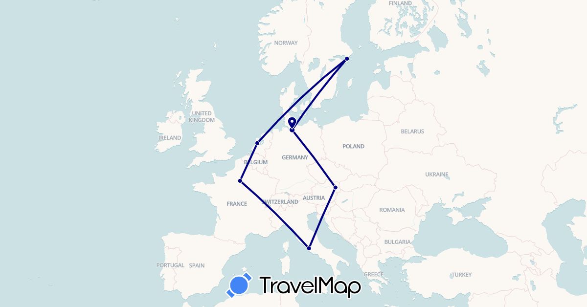TravelMap itinerary: driving in Austria, Germany, France, Italy, Netherlands, Sweden (Europe)